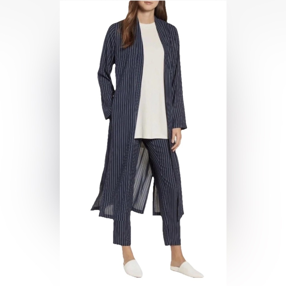 NWT Eileen Fisher Double Stripe Long Kimono Jacket Midnight Blue Belted Size M